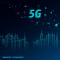 5G new wireless internet wifi connection. Urban buildings cityscape. Global network high speed innovation connection