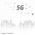 5G new wireless internet wifi connection. Urban buildings cityscape. Global network high speed innovation connection
