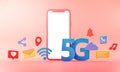 5G Phone Concept Wifi Connection on Pink Background With Icons 3D Rendering. Mockup Template