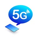 5g phone. smartphone with 5g icon in speech bubble on white background