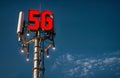 5G signal tower with the text word 5G attach to the 6g communication tower Royalty Free Stock Photo