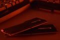 G.Skill ddr5 trident z5 rgb desktop memory pack on backlit keyboard background.
