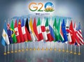 G20 summit 2023.Group 20 countries flags together.Translation Bharat(another name for India) is written in Hindi.