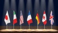 G7 summit or meeting concept. Row from flags of members of G7 group of seven and list of countries, 3d illustration Royalty Free Stock Photo