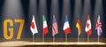 G7 summit or meeting concept. Row from flags of members of G7 group of seven and list of countries, 3d illustration Royalty Free Stock Photo