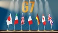 G7 summit or meeting concept. Row from flags of members of G7 group of seven and list of countries, 3d illustration