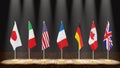 G7 summit or meeting concept. Row from flags of members of G7 group of seven and list of countries, 3d illustration Royalty Free Stock Photo