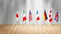 G7 summit or meeting concept. Row from flags of members of G7 group of seven and list of countries, 3d illustration Royalty Free Stock Photo