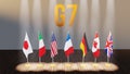 G7 summit or meeting concept. Row from flags of members of G7 group of seven and list of countries, 3d illustration Royalty Free Stock Photo