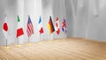 G7 summit or meeting concept. Row from flags of members of G7 group of seven and list of countries, 3d illustration Royalty Free Stock Photo