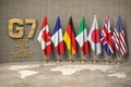 G7 summit or meeting concept. Row from flags of members of G7 group of seven and list of countries