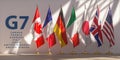 G7 summit or meeting concept. Row from flags of members of G7 group of seven and list of countries Royalty Free Stock Photo