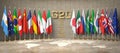 G20 summit or meeting concept. Row from flags of members of G20 Group of Twenty and list of countries in a conference room Royalty Free Stock Photo