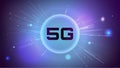 5G technology banner. Dark letters on blue sphere