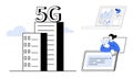 5G Technology Concept with Building, Analytics Screen, and User Interaction in Minimalist Design Royalty Free Stock Photo