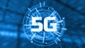 5G technology network wireless with very super fast data communication bandwidth speed. Glowing LED logo with futiristic hud