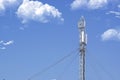 5G technology and telecommunication antenna tower against a blue sky with some clouds. Empty copy space.