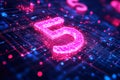 5G technology and wireless connectivity, featuring the number 5 or 5G icon glowing in a high-tech cityscape. Abstract