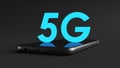 5 G text on a cell phone and black background, fifth generation networking technology Royalty Free Stock Photo