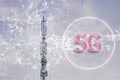 5g text station antenna technology background with lines dots and circle