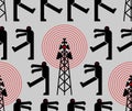 5G tower chipping population pattern seamless. Conspiracy theory ornament. Zombies walk around cell tower texture. TV and radio