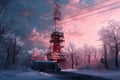 5g tower covered in snow during winter season Royalty Free Stock Photo