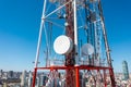 4G TV radio tower with parabolic antenna and satellite dish. Broadcast network signal. High coverage area. Royalty Free Stock Photo