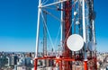 4G TV radio tower with parabolic antenna and satellite dish. Broadcast network signal. High coverage area