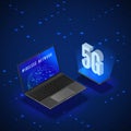 5G Wireless Network Systems. Mobile Internet Technology. Laptop and Phone Isometric Banner 5G Network Technology. Vector