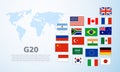 G20 world map countries infographic. Saudi Arabia Turkey Brazil european G20 country flag.