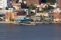 Yonkers, NY / United States - May 2, 2020: Close up view of the Yonker`s downtown waterfront along the Hudson River at Sunset Royalty Free Stock Photo
