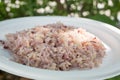Gaba rice in a dish made of recycled material The background is green lawn