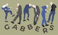 Gabbers dancing hakkuh dance. Gabba style. Men with shaved head in sweatpants and sneakers. Vector illustration with lettering