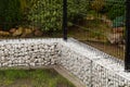 Gabion. A steel fence combined with a low wall made of gabions f