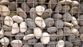 Gabion structure Cage boxes filled with grey and white rocks