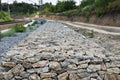 Gabion Wall From Rocks And Stones In Metal Wire Box. Reinforcement and Abutment Protective Construction. Royalty Free Stock Photo