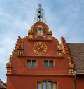 Gable of the old town hall with a clock, Rathausplatz square, Freiburg im Breisgau, Baden-Wuerttemberg, Germany, Europe Royalty Free Stock Photo