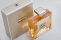 Gabrielle Chanel Paris perfume bottle and box against white