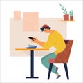 People using Smartphone in cafe. Phone addict and social media concept. flat character design vector illustration Royalty Free Stock Photo