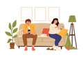 Gadget addiction. Couple using smartphones, woman man cat sitting on sofa in cozy room and surfing internet. No contact