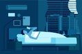 Gadget addiction. Man at night with smartphone, male insomnia. Sleep time, boy wake up in dark room vector illustration