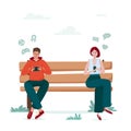 Gadget addiction, man and woman on the park bench dependent on smartphones. People glued to a screen, focusing on mobile device,