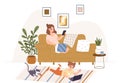 Gadget addiction. Mother and child using gadgets. Tired adult and little toddler with smartphone and laptop. Cute girls