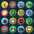 Gadget flat icons. Computer, laptop, tablet, flash drive, camera, smartphone and other.