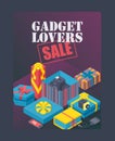 Gadget lovers sale poster, vector illustration. Expensive gifts in decorative boxes, birthday present package. Digital