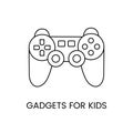 Gadgets for children, game console remote control line icon in vector, illustration for kids online store.