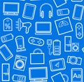 Gadgets and consumer electronics, blue background, seamless, linear pattern. Royalty Free Stock Photo