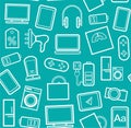 Gadgets and consumer electronics, blue-green background, seamless, linear pattern. Royalty Free Stock Photo