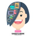 Gadgets INSIDE my hair - flat design vector illustration