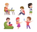 Gadgets kids. Adorable happy children using laptop smartphones tablets touch on digital phone screen holding electronic Royalty Free Stock Photo